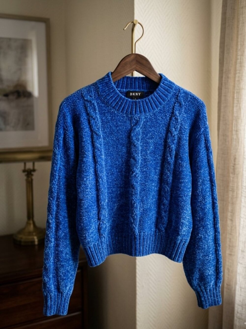 DKNY Royal Blue Chenille Cable Knit Cropped Pullover Sweater - Picture 2 of 4